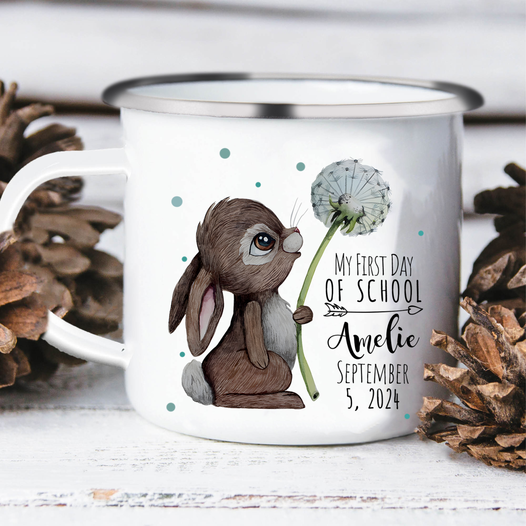 Personalised Enamel Mug Custom Name & Date Bunny Dandelion Cup Back to School Gift for Kids - My First Day Of School-Jessemade AU