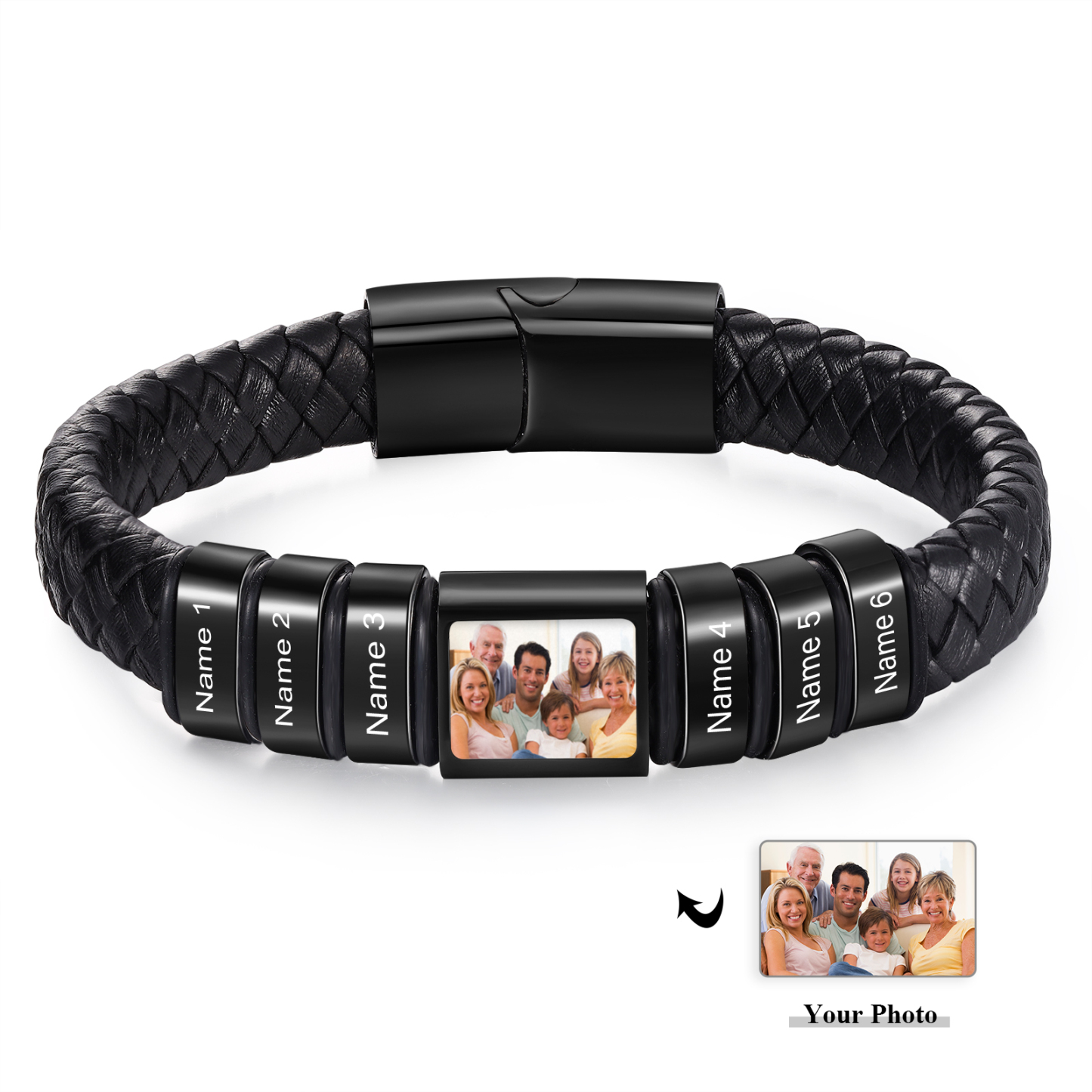 Personalised Men's Leather Bracelet Custom 1 Photo & 1–6 Names Black Silver Gift for Him-Jessemade AU