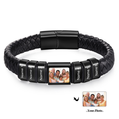 Personalised Men's Leather Bracelet Custom 1 Photo & 1–6 Names Black Silver Gift for Him-Jessemade AU
