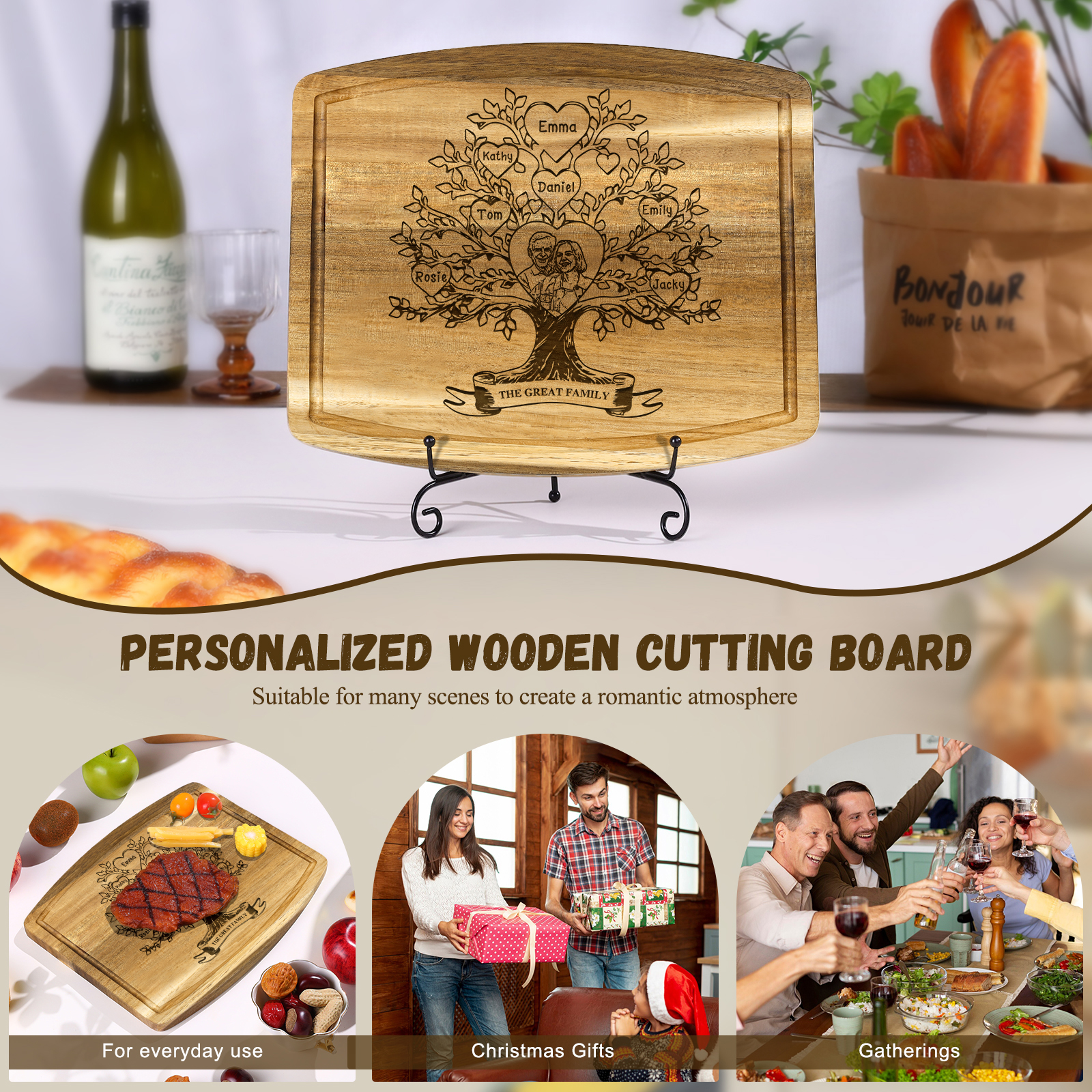 Family Tree Cutting Board with Stand Personalised 1 Photo & 1 Text Engraved 2-7 Names Wooden Gifts for Family Friends | Jessemade-Jessemade AU