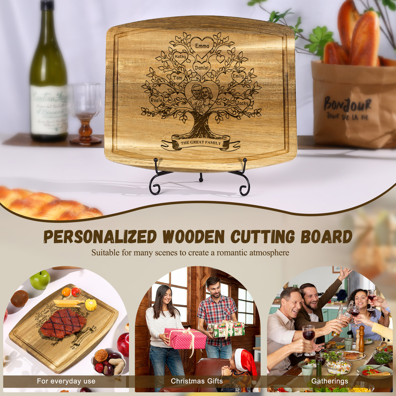 Family Tree Cutting Board with Stand Personalised 1 Photo & 1 Text Engraved 2-7 Names Wooden Gifts for Family Friends | Jessemade-Jessemade AU