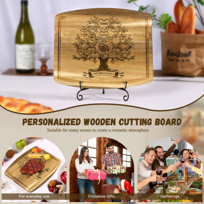 Family Tree Cutting Board with Stand Personalised 1 Photo & 1 Text Engraved 2-7 Names Wooden Gifts for Family Friends | Jessemade-Jessemade AU