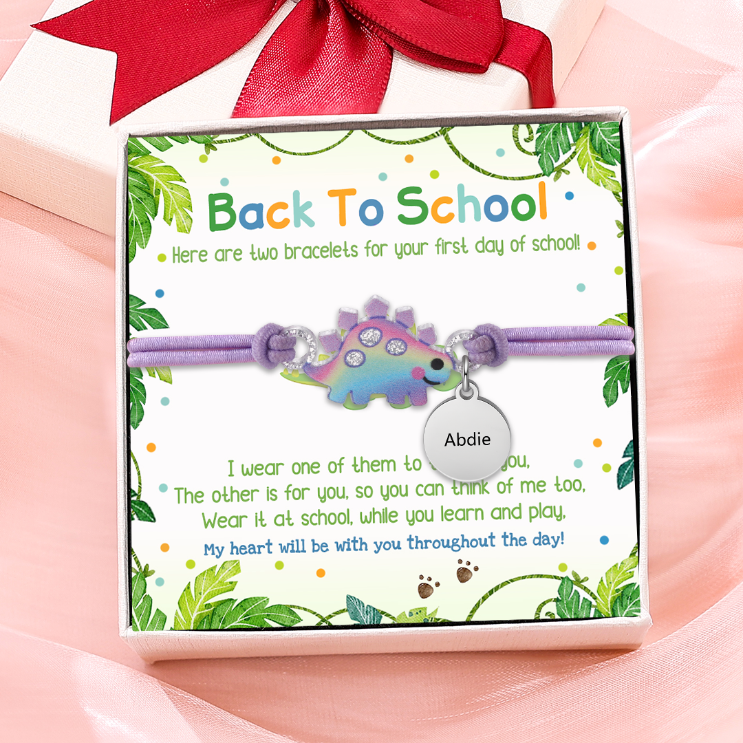 2 Pcs Bracelet Set Custom Names Purple Dinosaur Charm Hair Ties Back To School Gift for Kids - My Heart Will Be With You Throughout The Day