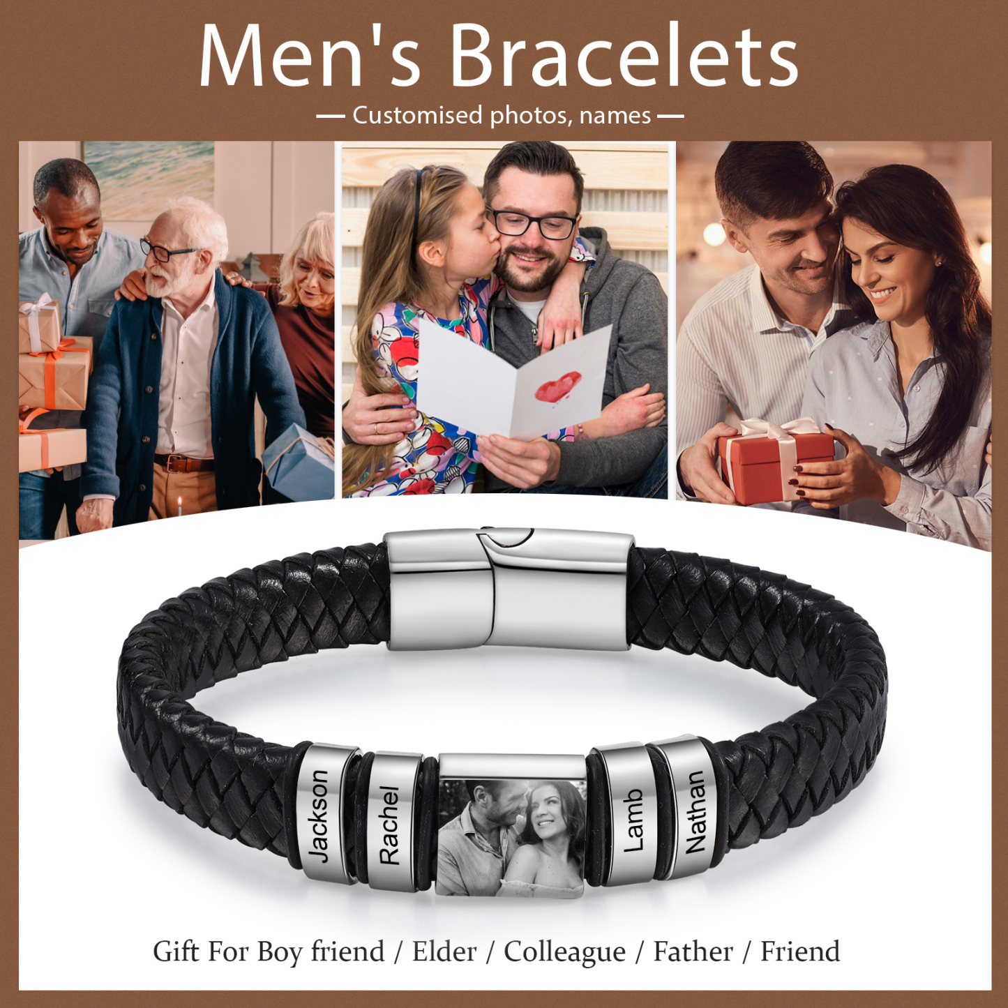 4 Names-Vintage Men's Bracelet Engraved Beads Leather Bracelet Gift for Father's Day