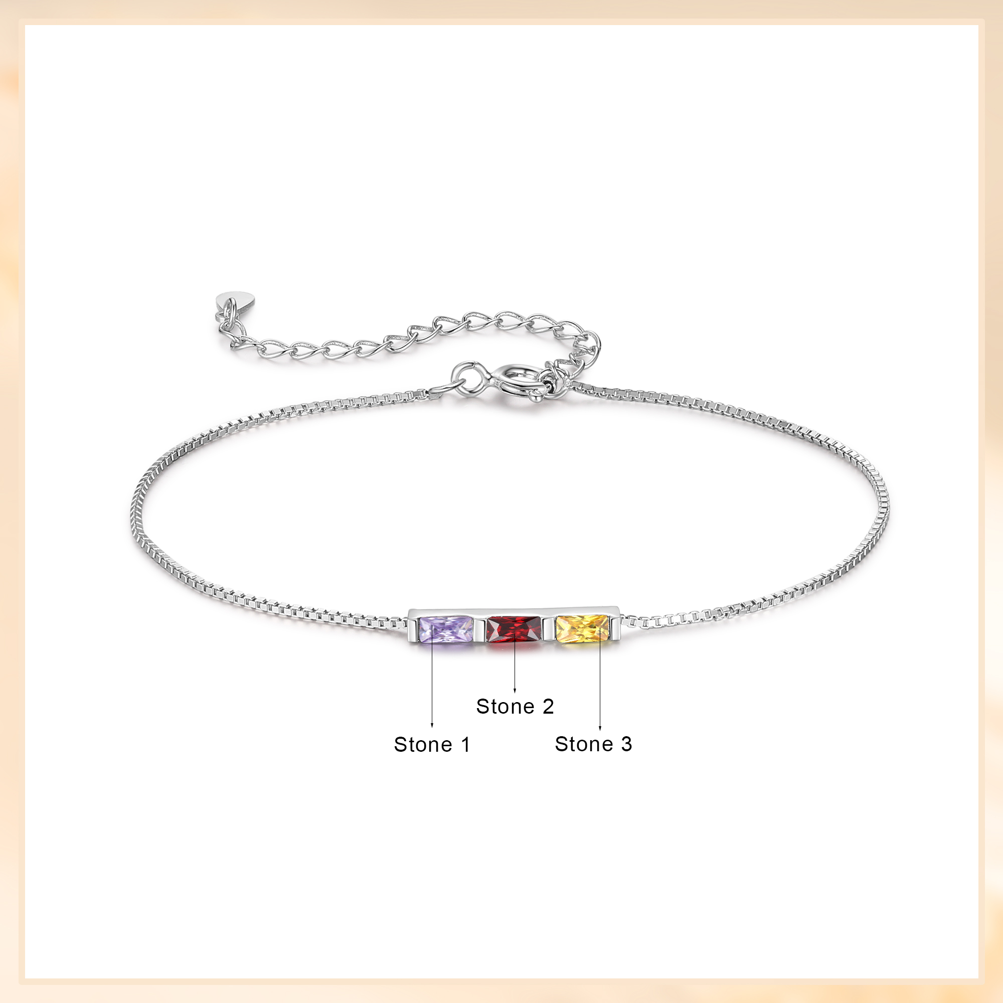 S925 Silver Custom 3 Birthstones Bracelet Gold Adjustable Bracelet Personalised Birthday Gift for Her