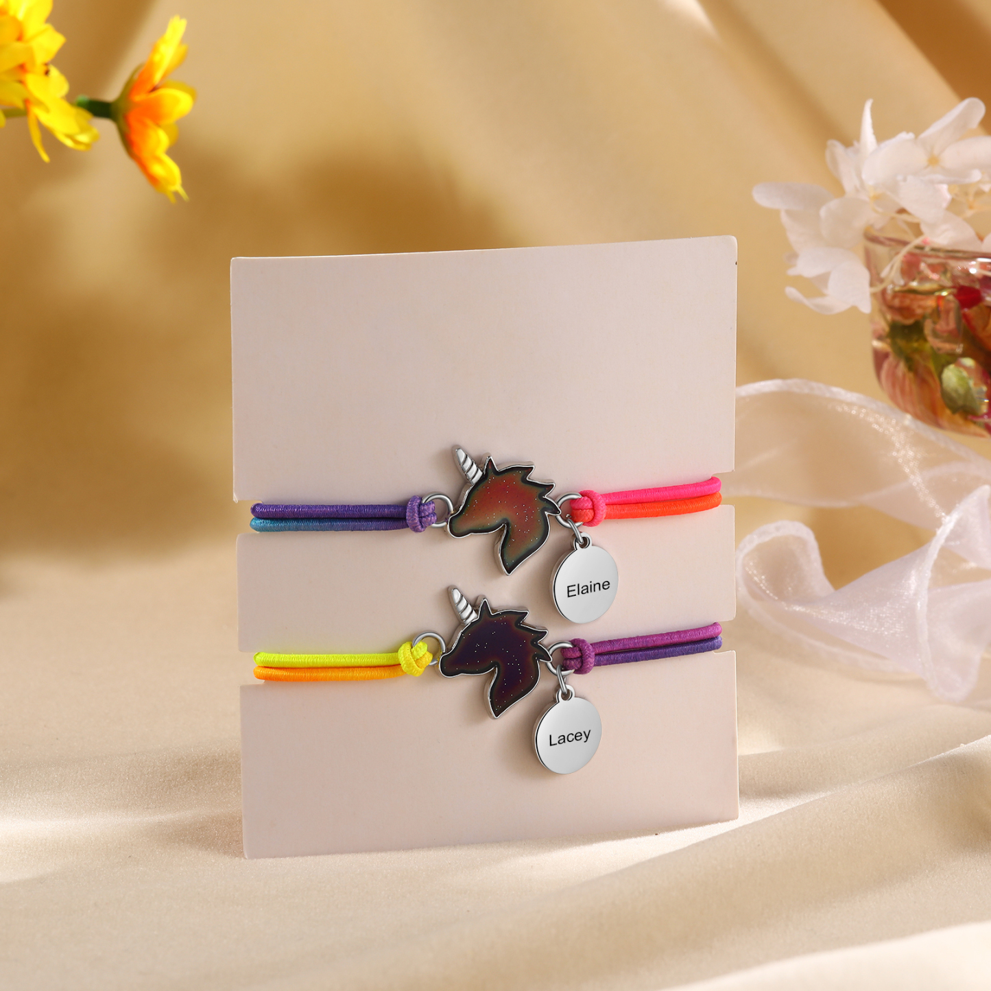 2 Pcs Bracelet Set Custom Names Unicorn Charm Hair Ties Back To School Gift for Daughter - Live, Dream And Shine Like A Unicorn-Jessemade AU