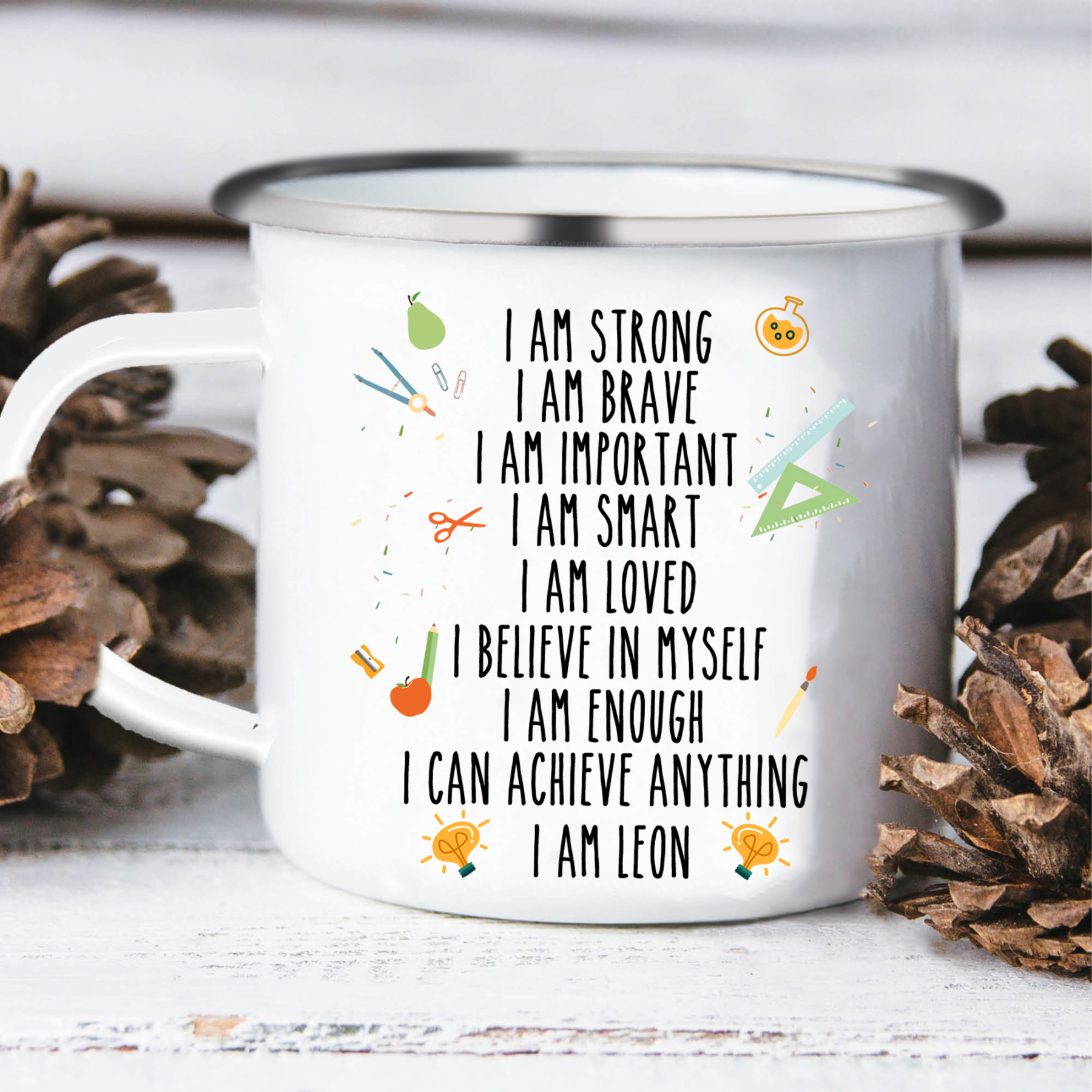 Personalised Enamel Mug Custom 1 Name Cup Back to School Gift for Kids - I Am Strong, I Am Brave, I Am Important-Jessemade AU