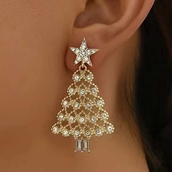 Rhinestone Christmas Tree Earrings Elegant Holiday Gift-Jessemade AU