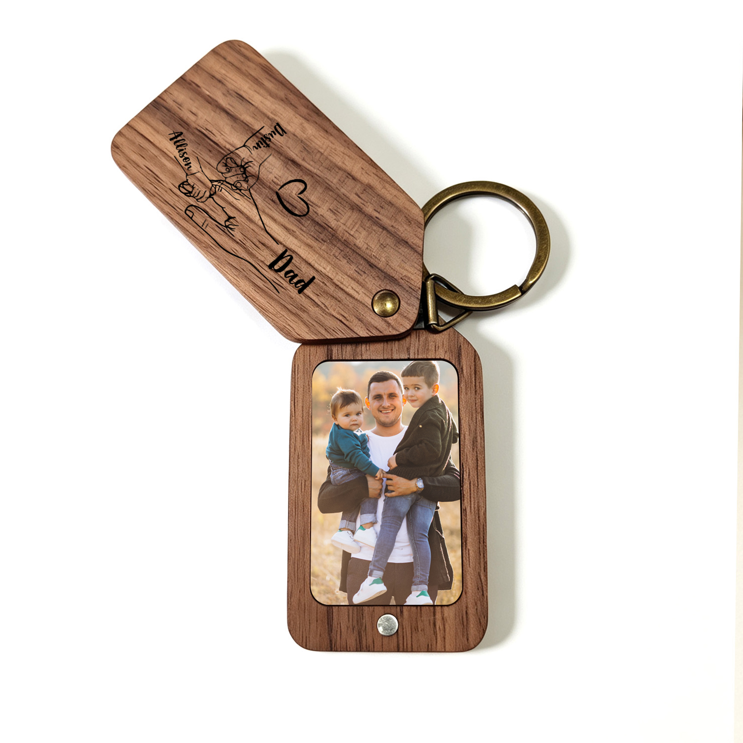 Personalised Wooden Photo Keyring with 2–6 Names, Father's Day Gift for Dad