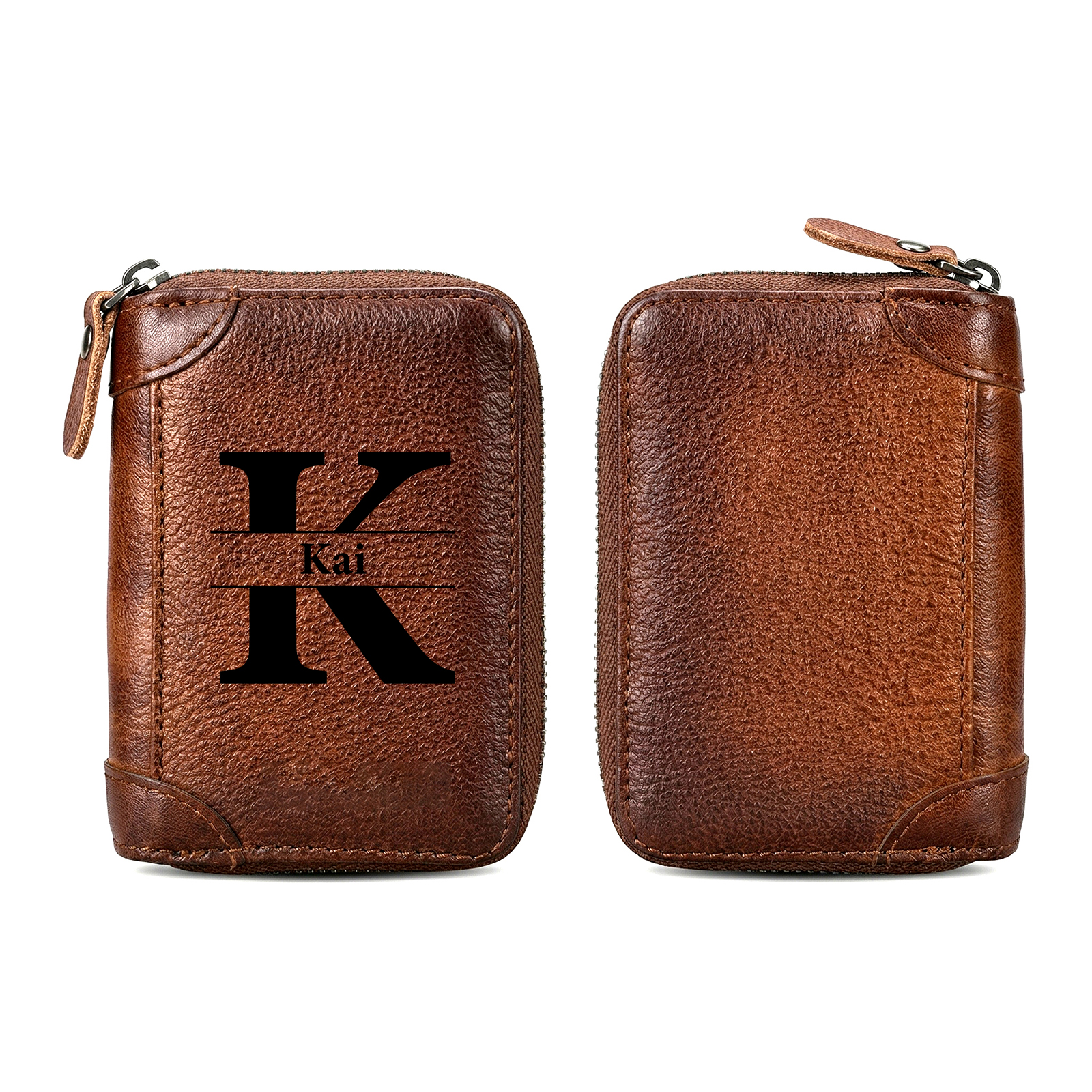 Personalised Genuine Leather Zip Card Holder – Multiple Compartments with 9 Designs to Choose From