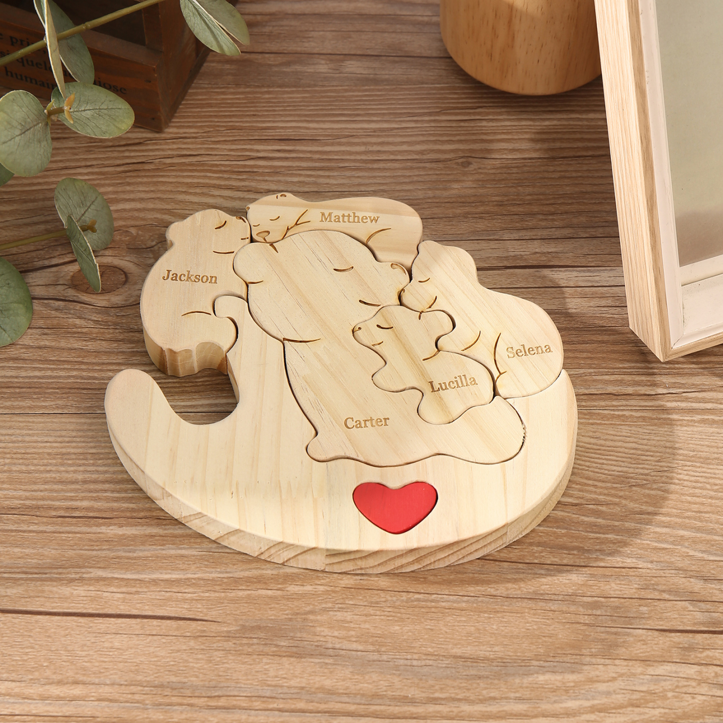 Personalised Wooden Bear Family Puzzles Custom 5 Names Animal Heart Ornaments Fathers Day Gifts-Jessemade AU
