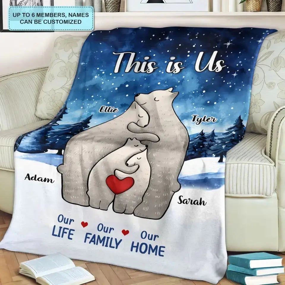 Personalised Polar Bear Family Flannel Blanket Custom 4 Names Gift For Mom Dad & Kids