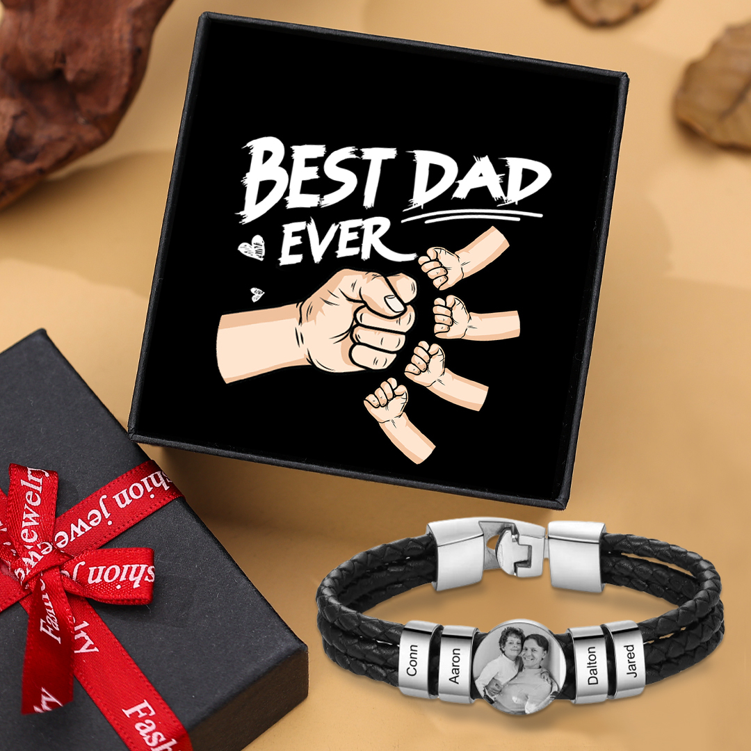 Personalised Men's Leather Bracelet Custom 4 Names & 1 Photo Braided Bracelet Father's Day Gifts for Him-Jessemade AU