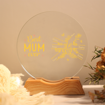 Personalised 2-7 Names Crystal LED Best Mum Ever Round Night Light