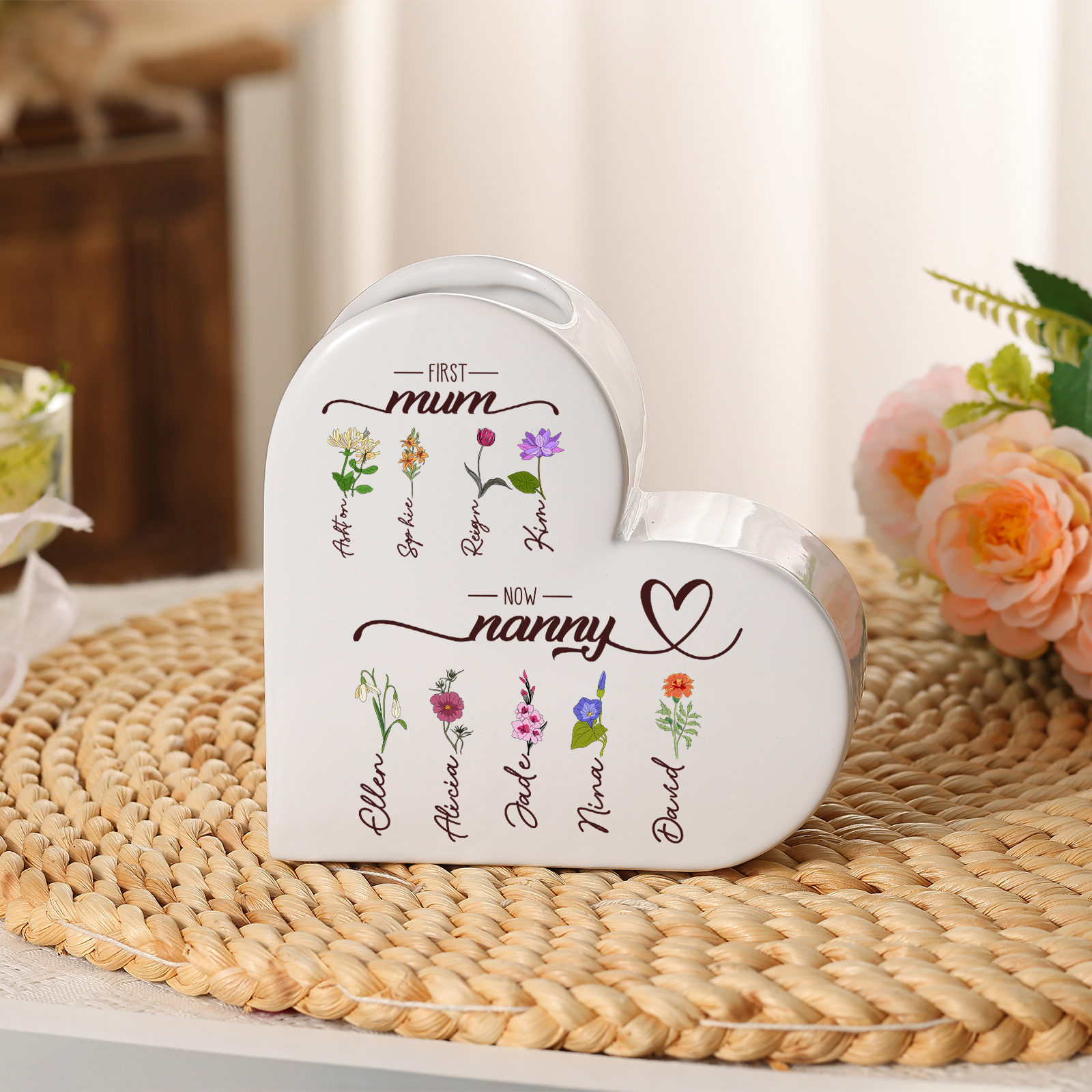 Personalised heart-shaped Ceramic Vase “First Mum, now Grandma”, personalised with 2–10 Birth flowers and Names