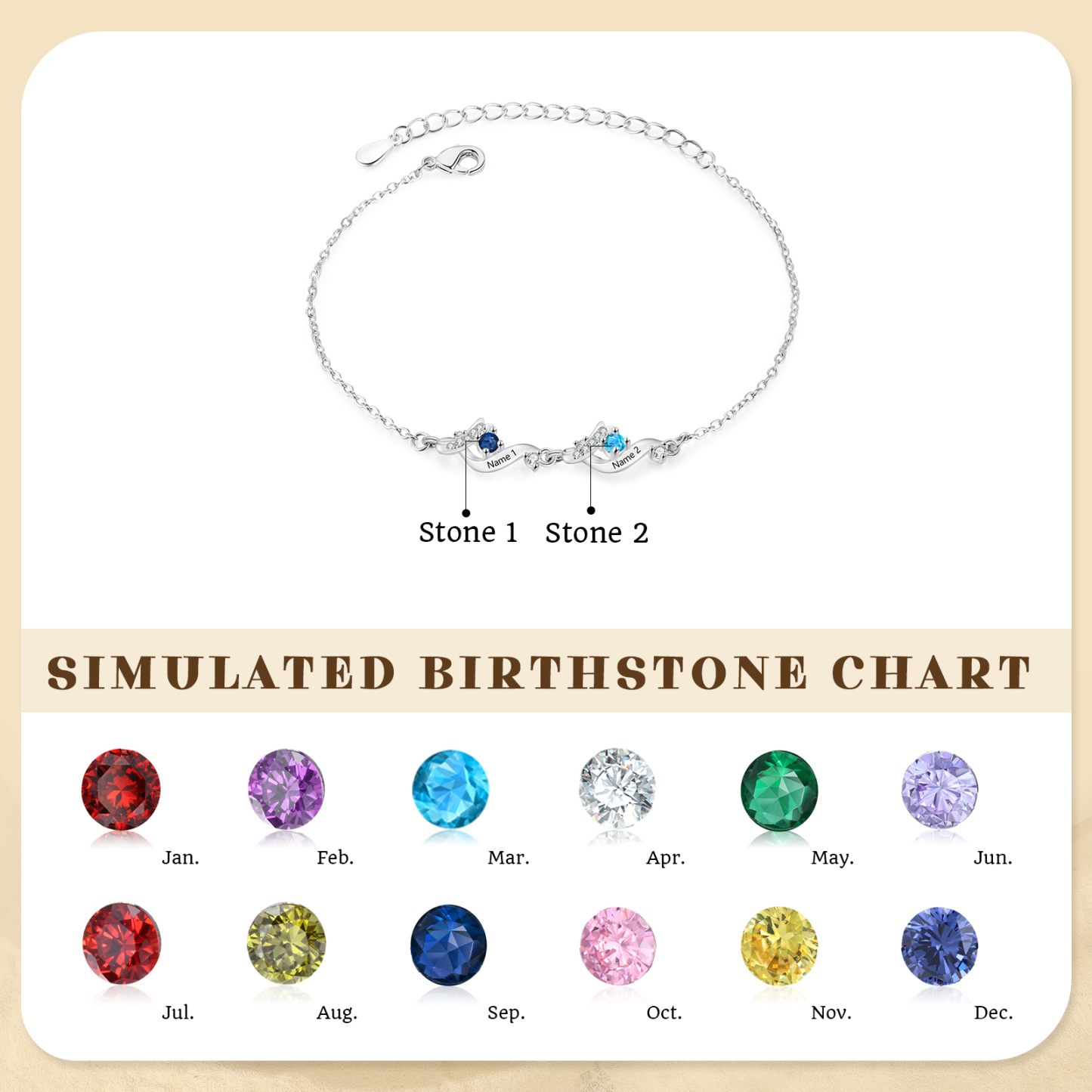 Personalised 2-5 Birthstone Names Bracelet  For Women