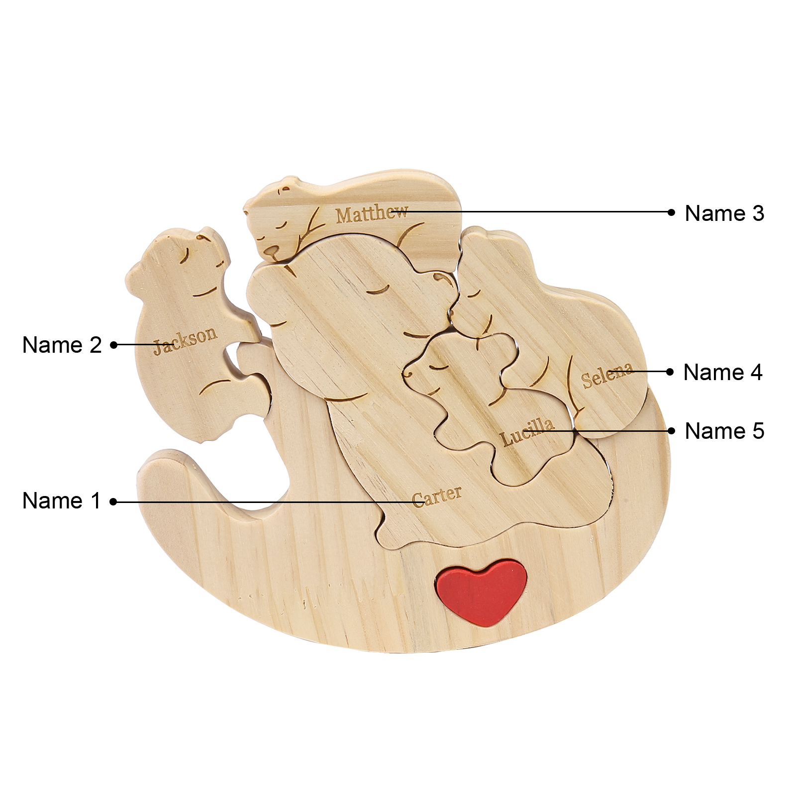 Personalised Wooden Bear Family Puzzles Custom 5 Names Animal Heart Ornaments Fathers Day Gifts-Jessemade AU