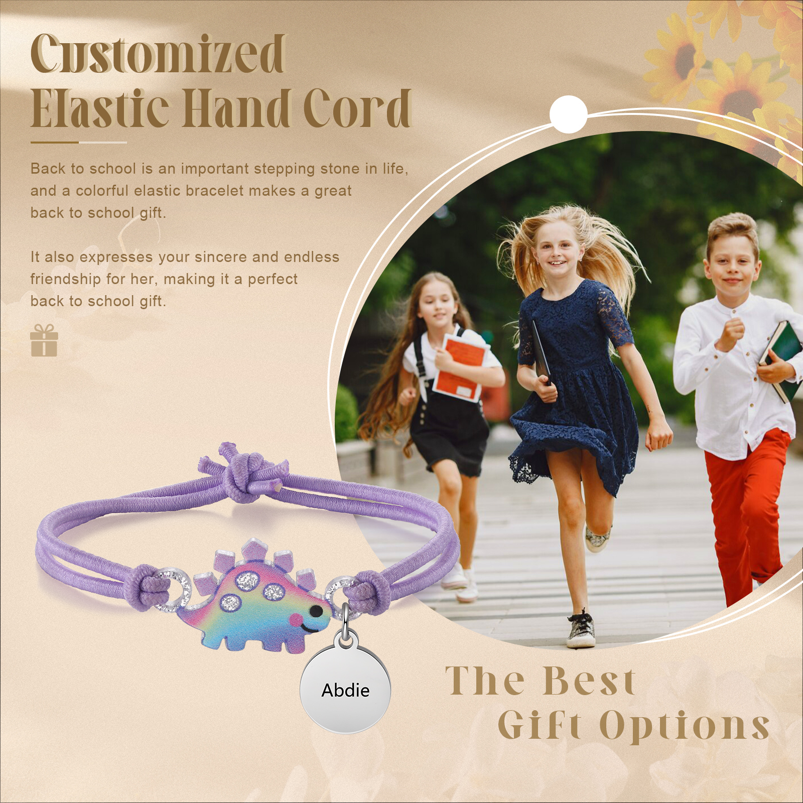 2 Pcs Bracelet Set Custom Names Purple Dinosaur Charm Hair Ties Back To School Gift for Kids - My Heart Will Be With You Throughout The Day-Jessemade AU