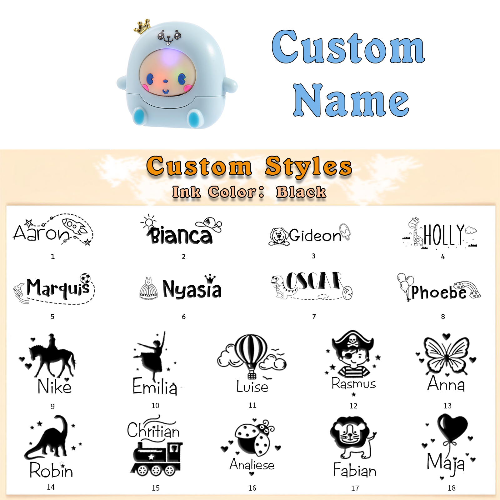 Personalised Name Stamp with Light Back-to-School Gift for Kids Black Ink