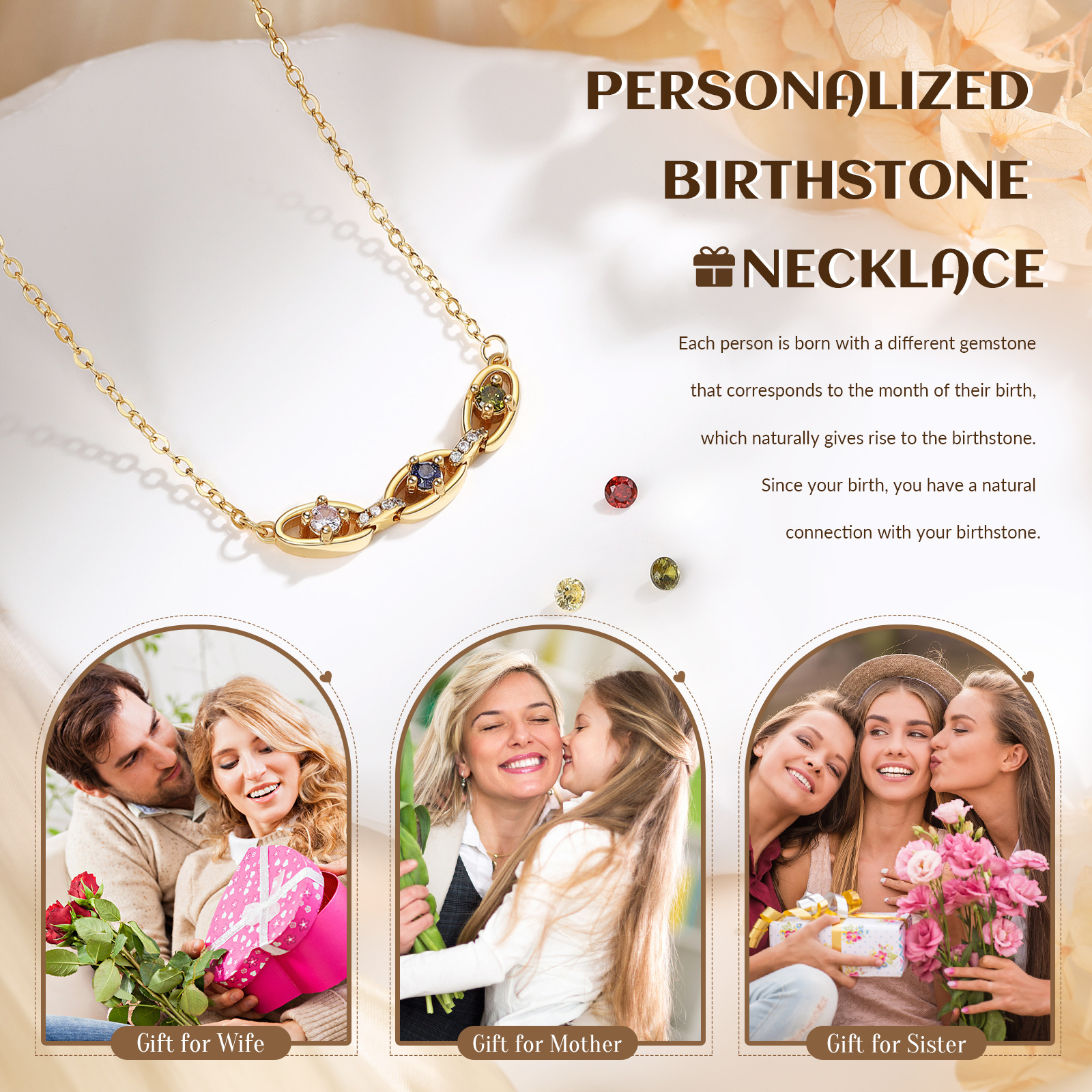 Personalised 2-5 Birthstones Gold Chain Necklace for Women