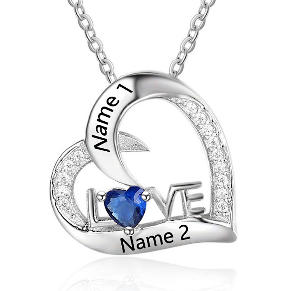 S925 LOVE Heart Necklace For Valentine Personalised Necklace with Heart Birthstone Engraved Names
