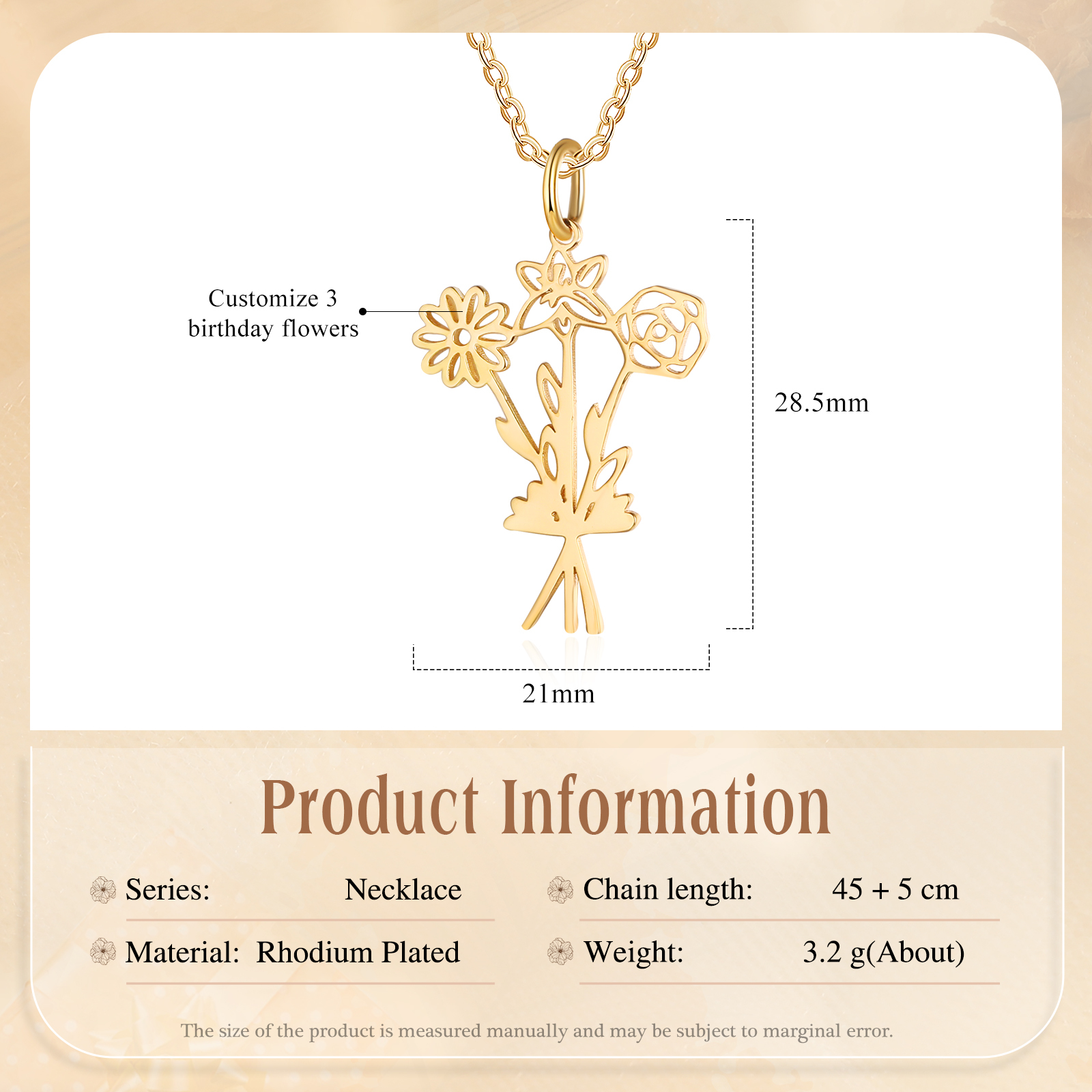 Personalised 3 Birthday Flowers Necklace Custom Pendant Necklace Gold Birthday Gift for Her-Jessemade AU