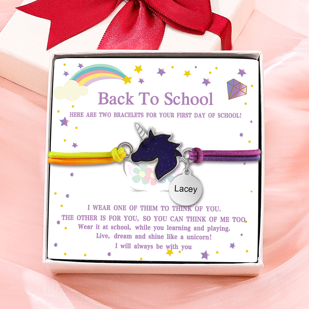 2 Pcs Bracelet Set Custom Names Unicorn Charm Hair Ties Back To School Gift for Daughter - Live, Dream And Shine Like A Unicorn