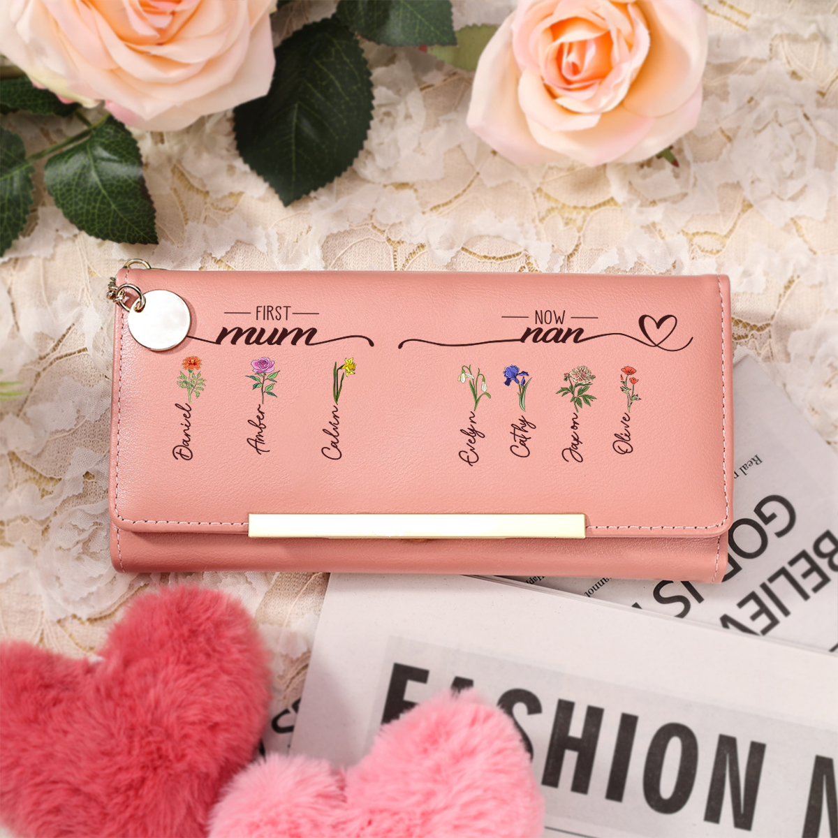 Personalised Floral Leather Wallet for Mum/Nan/Nanna