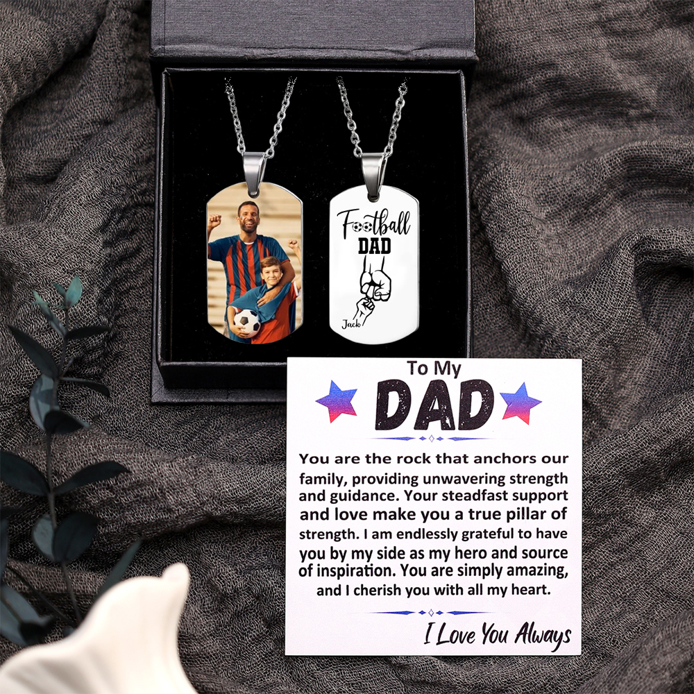 Personalised Football Dad Photo Necklace – Custom Fist Bump Pendant wi