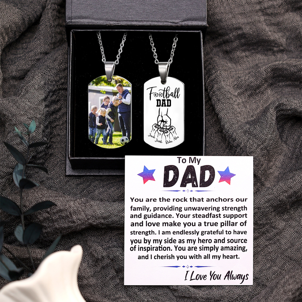 Personalised Football Dad Photo Necklace – Custom Fist Bump Pendant with 4 Kids' Names | Jessemade