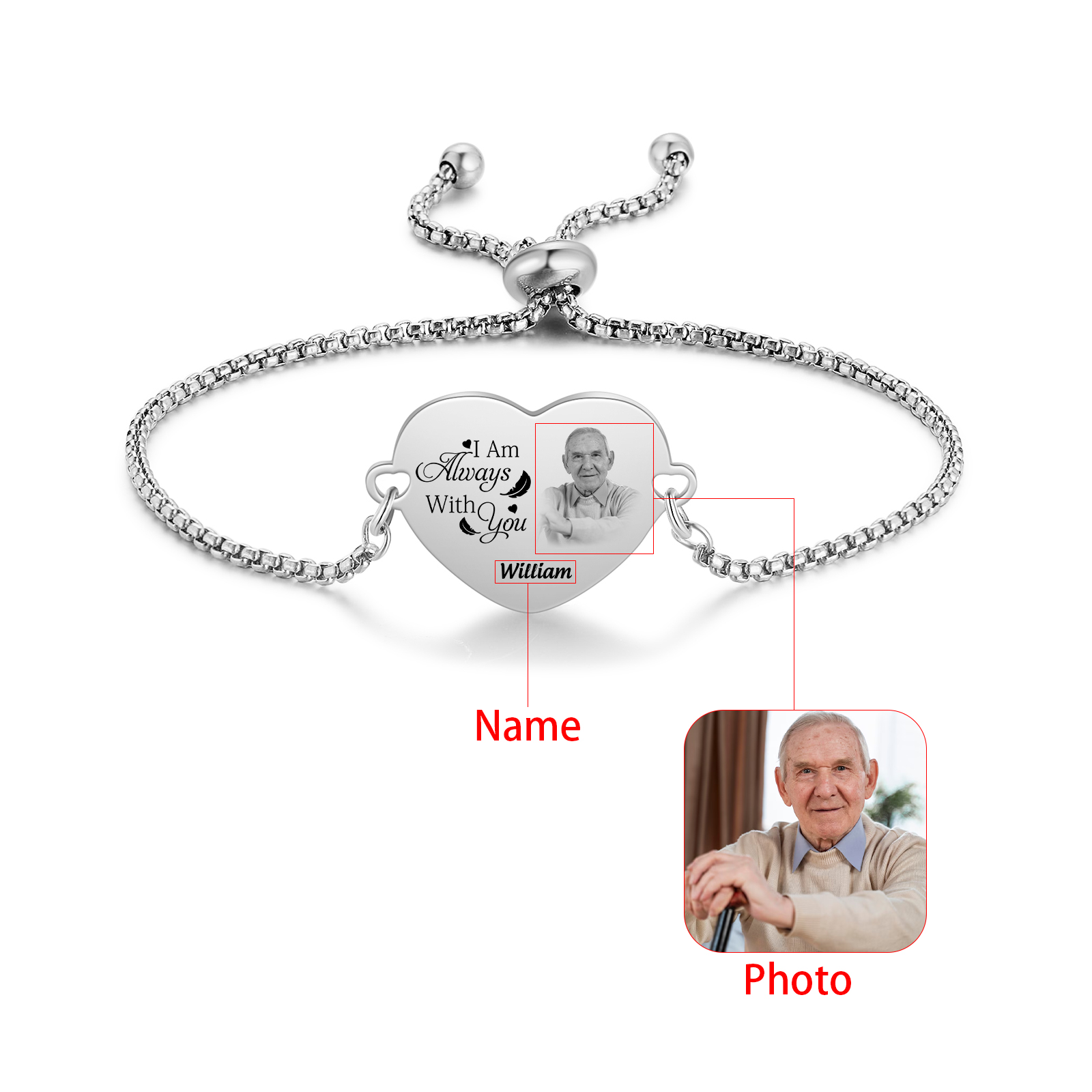 Personalised heart bracelet with photo – Memorial gift 'I am always with you'