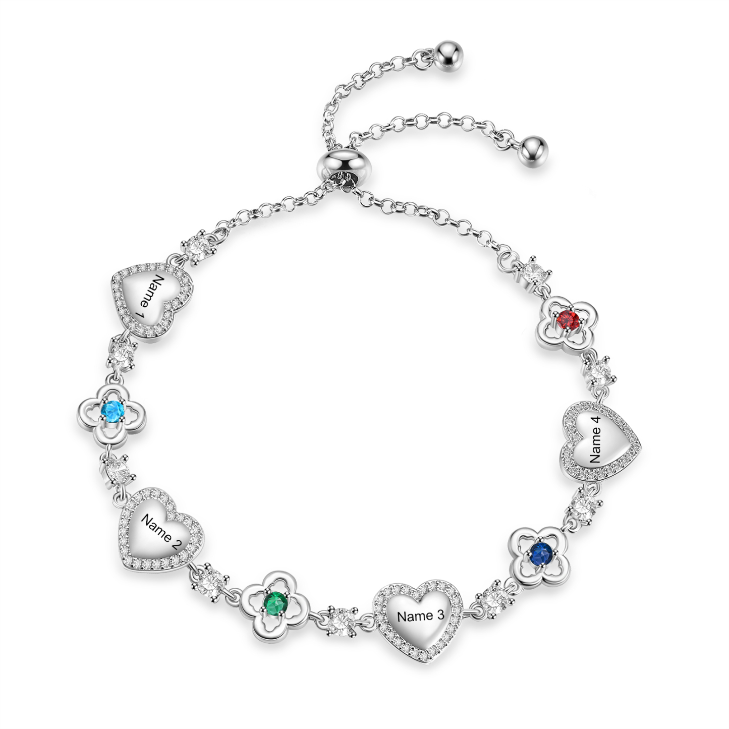Personalised Birthstone Bracelet with Heart and Flowers, Customised with 2–5 Names and Stones