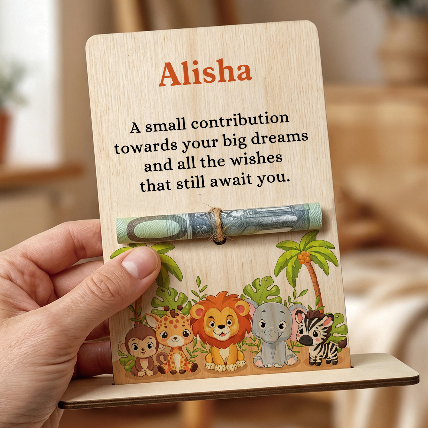Personalised Wooden Money Holder with Name – Children's Birthday Gift Animal Design