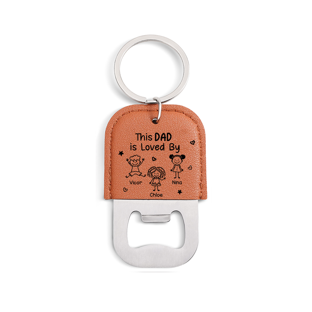 Personalised Leather Keyring with Bottle Opener and Engraving of 1 to 6 Children’s Names