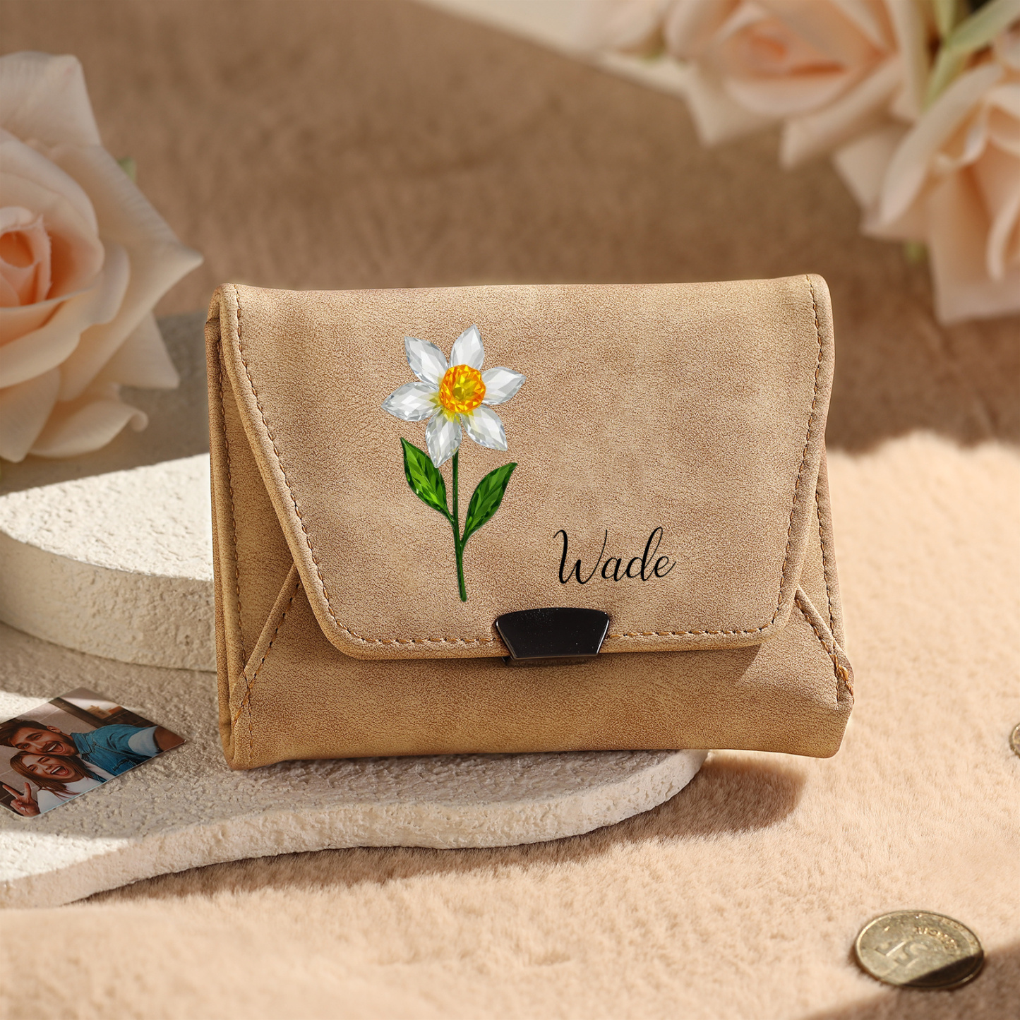 Personalised women’s leather wallet with birth flower and name
