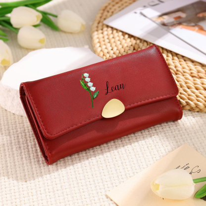Personalised Long Women’s Leather Wallet with Birth Flower and Name