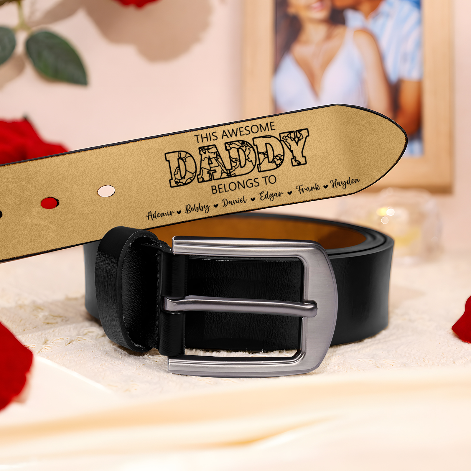 Personalised Leather Belt with 2-7 Names and 1 Letter "This awesome daddy belongs to "| Father’s Day Gift | Jessemade