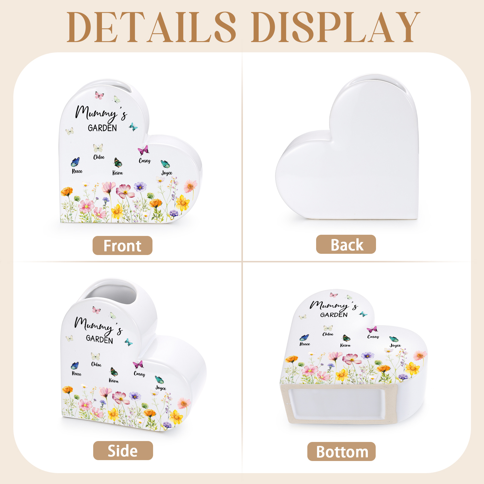 Personalised Ceramic Heart Vase with 1–10 Names and Butterflies for Mum or Grandma