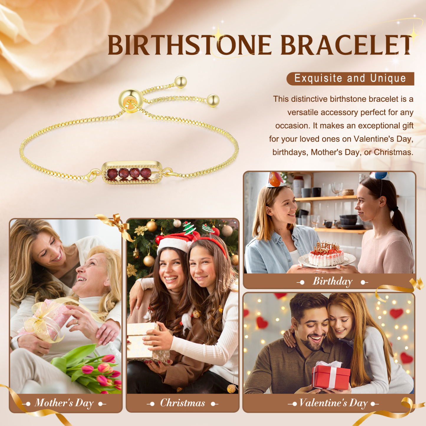 Personalised bar bracelet with birthstone, adjustable in a minimalist design