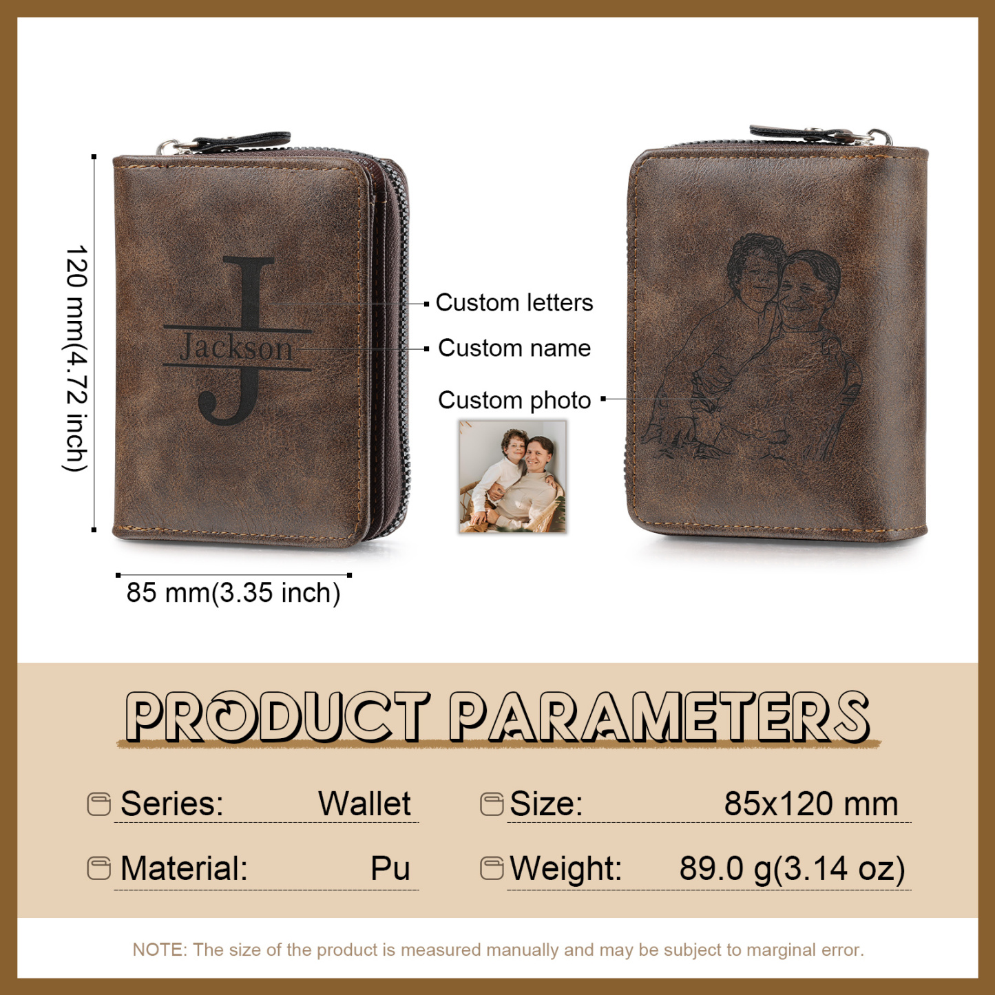 Personalised vintage men's wallet, zipped – photo engraved with name and initials