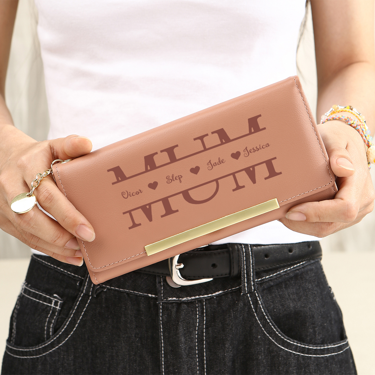 Personalised Long Pink Wallet with 1 to 5 Names for Mum
