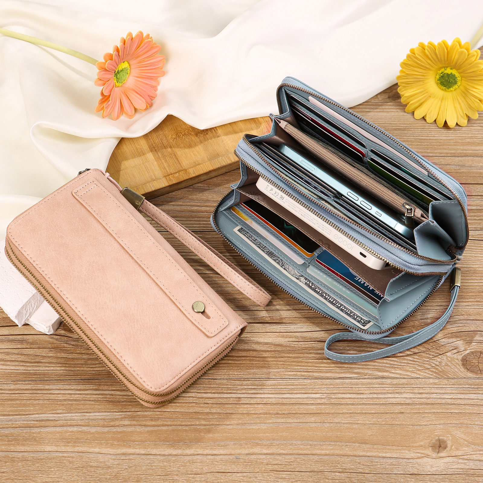 Personalised women's wallet – engraved birth flower and name, double zip, wrist strap