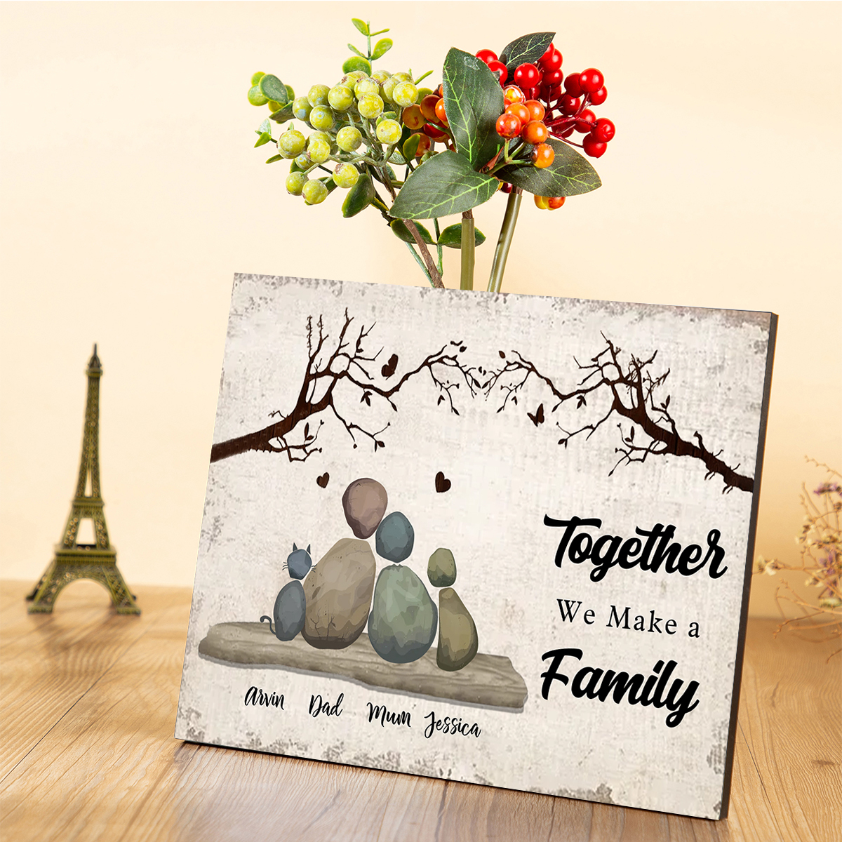 Personalised Wooden Pebble Family Plaque with Names for Couple or Family – “Together, we make a family”