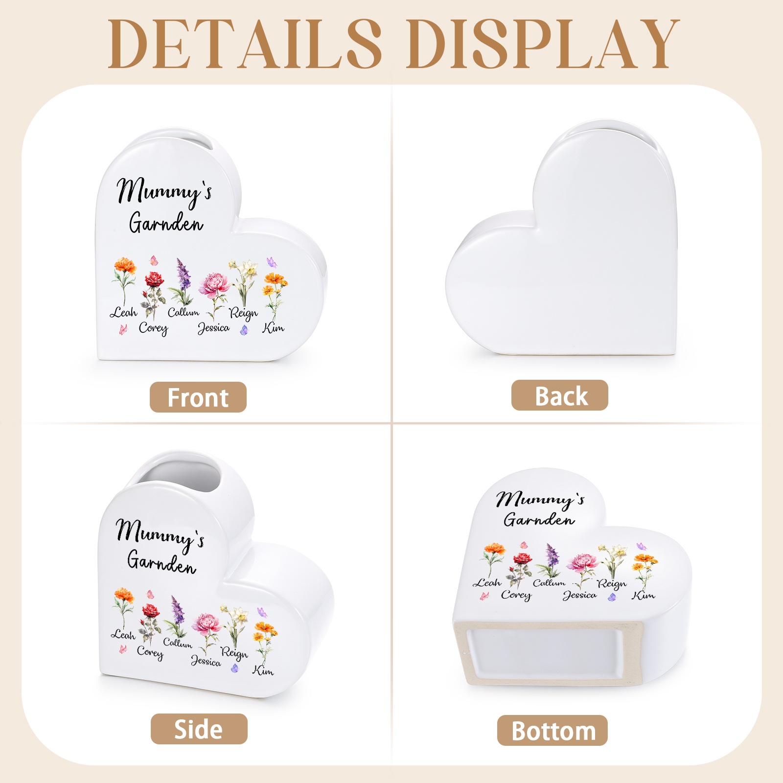 Personalised Ceramic Heart Vase with 1 to 12 Birth Flowers and Children’s Names