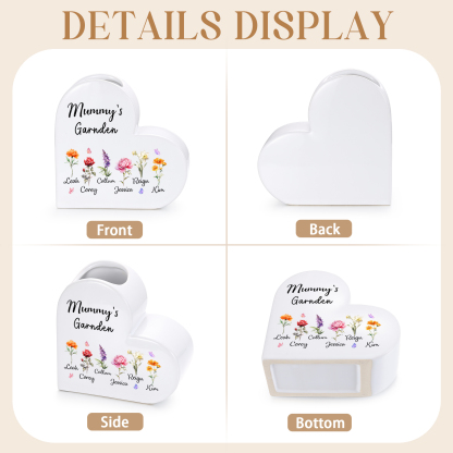 Personalised Ceramic Heart Vase with 1 to 12 Birth Flowers and Children’s Names