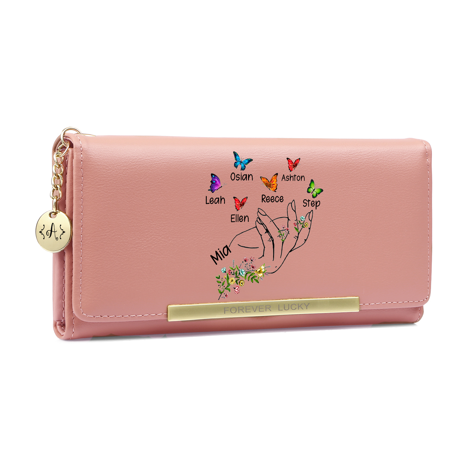 Personalised women’s wallet with floral and butterfly motif, designed with 2 to 8 first names