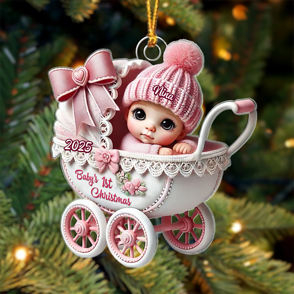 Personalised Pink Pram Baby's 1st Christmas Tree Decoration