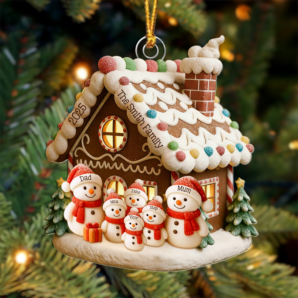 Personalised family Christmas tree decoration, gingerbread house and snowman, with 1 to 6 names