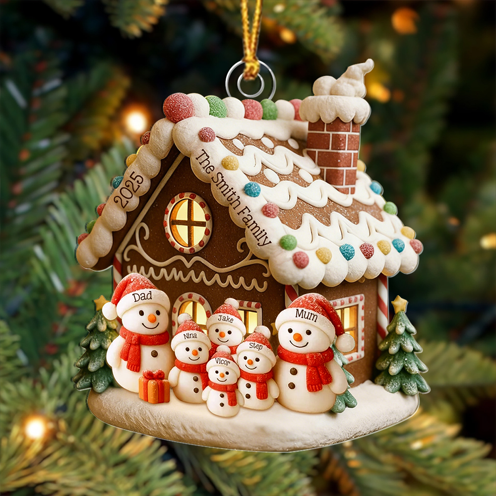 Personalised family Christmas tree decoration, gingerbread house and snowman, with 1 to 6 names