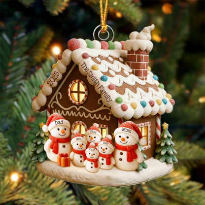 Personalised family Christmas tree decoration, gingerbread house and snowman, with 1 to 6 names